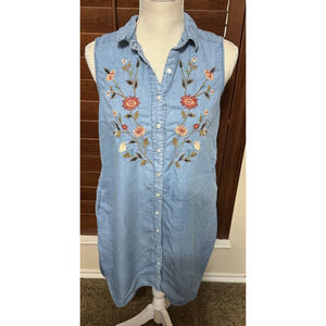 Terre Bleue Lyocell Shirt Dress Button Up Floral Embroidered sz S Chambray
